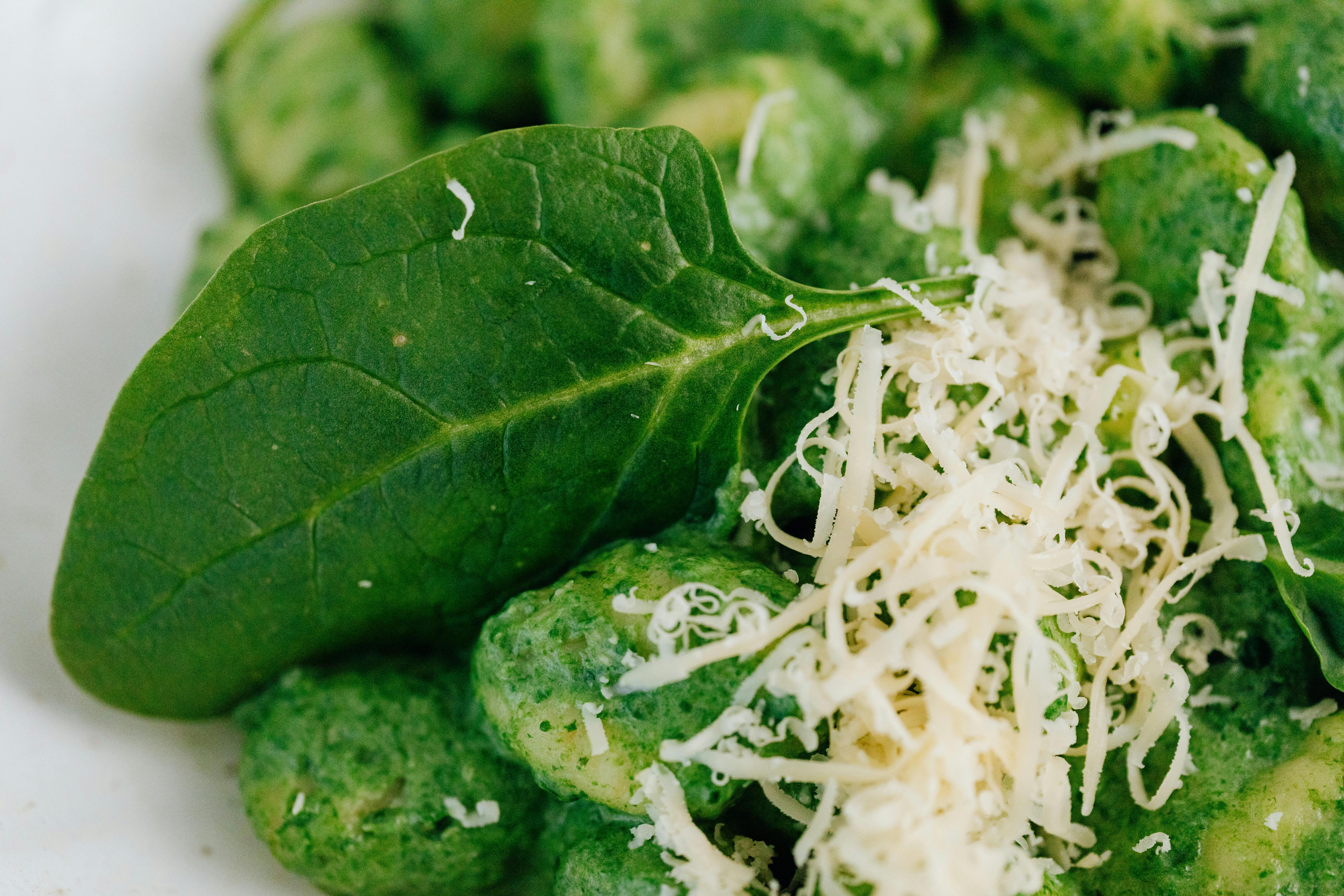 Spinach gnocchi topped with grated cheese and a spinach leaf
